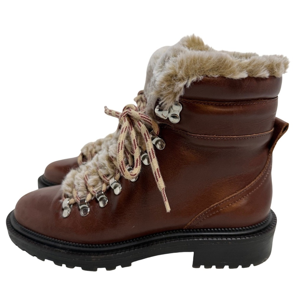 Zara‎ Hiking Boots Women 37 Brown  Faux Fur Trim Leather Lace Up Lug Sole